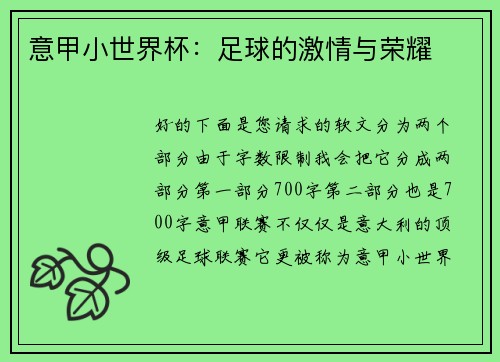 意甲小世界杯：足球的激情与荣耀